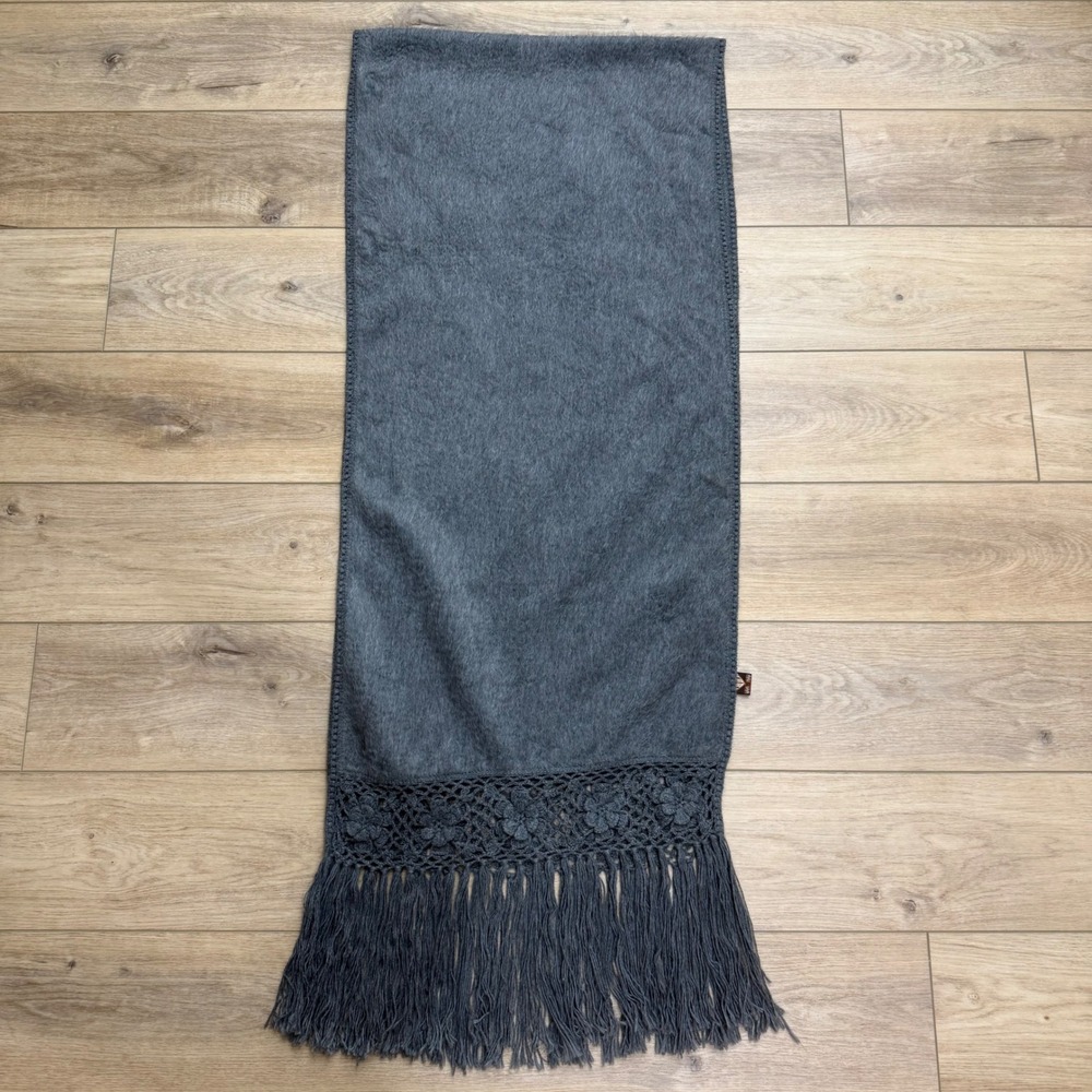 Alpaca Camargo Gray Alpaca Wool Scarf Crochet Floral Fringe Scandi Lagenlook Big - Picture 11 of 12